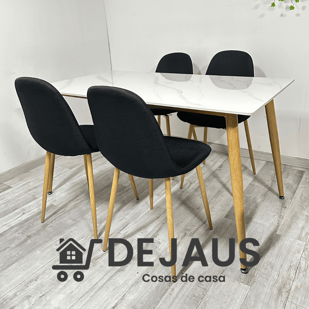 Mesa Rectangular Cuarzo Calacatta con 4 Sillas Spoon Lino