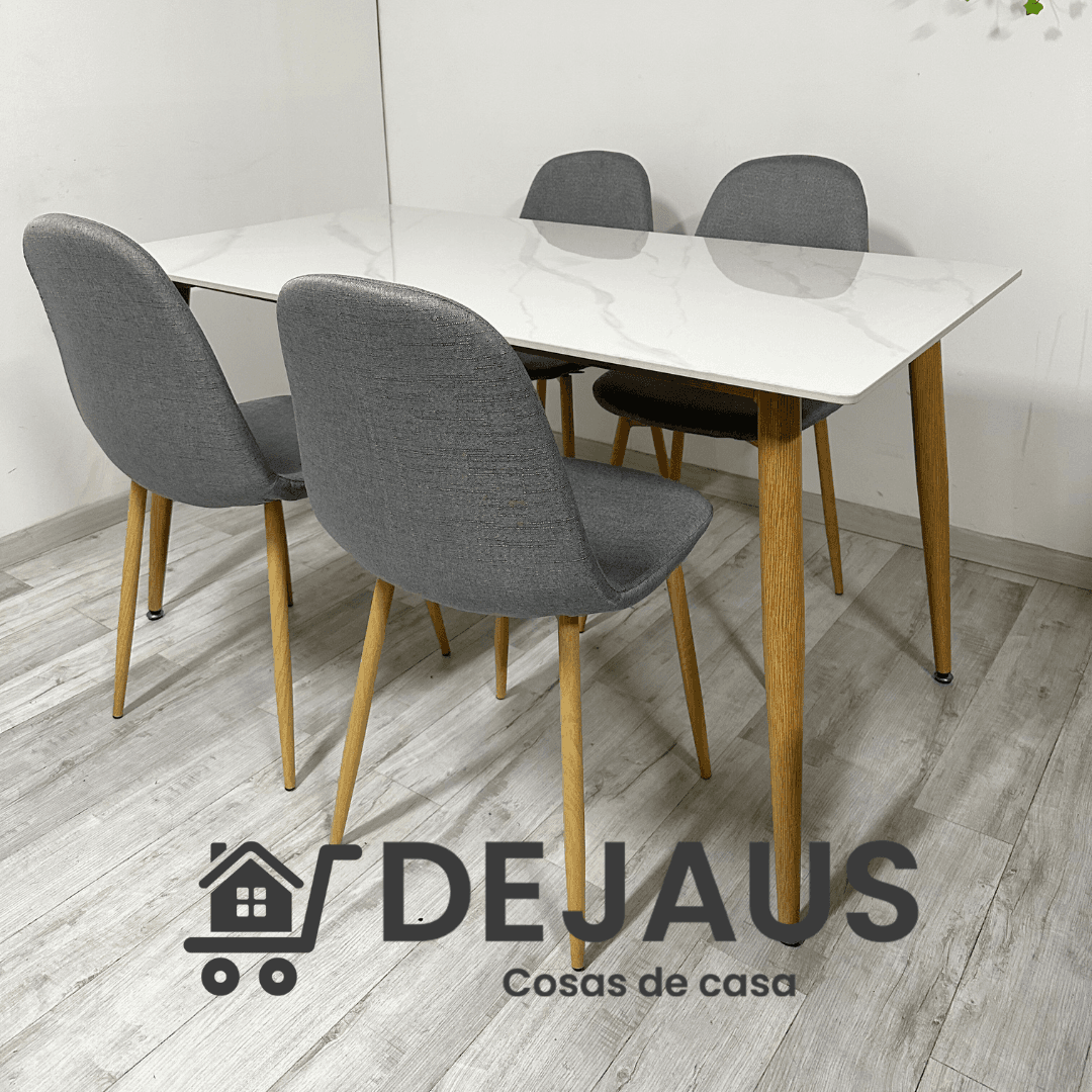 Mesa Rectangular Cuarzo Calacatta con 4 Sillas Spoon Lino