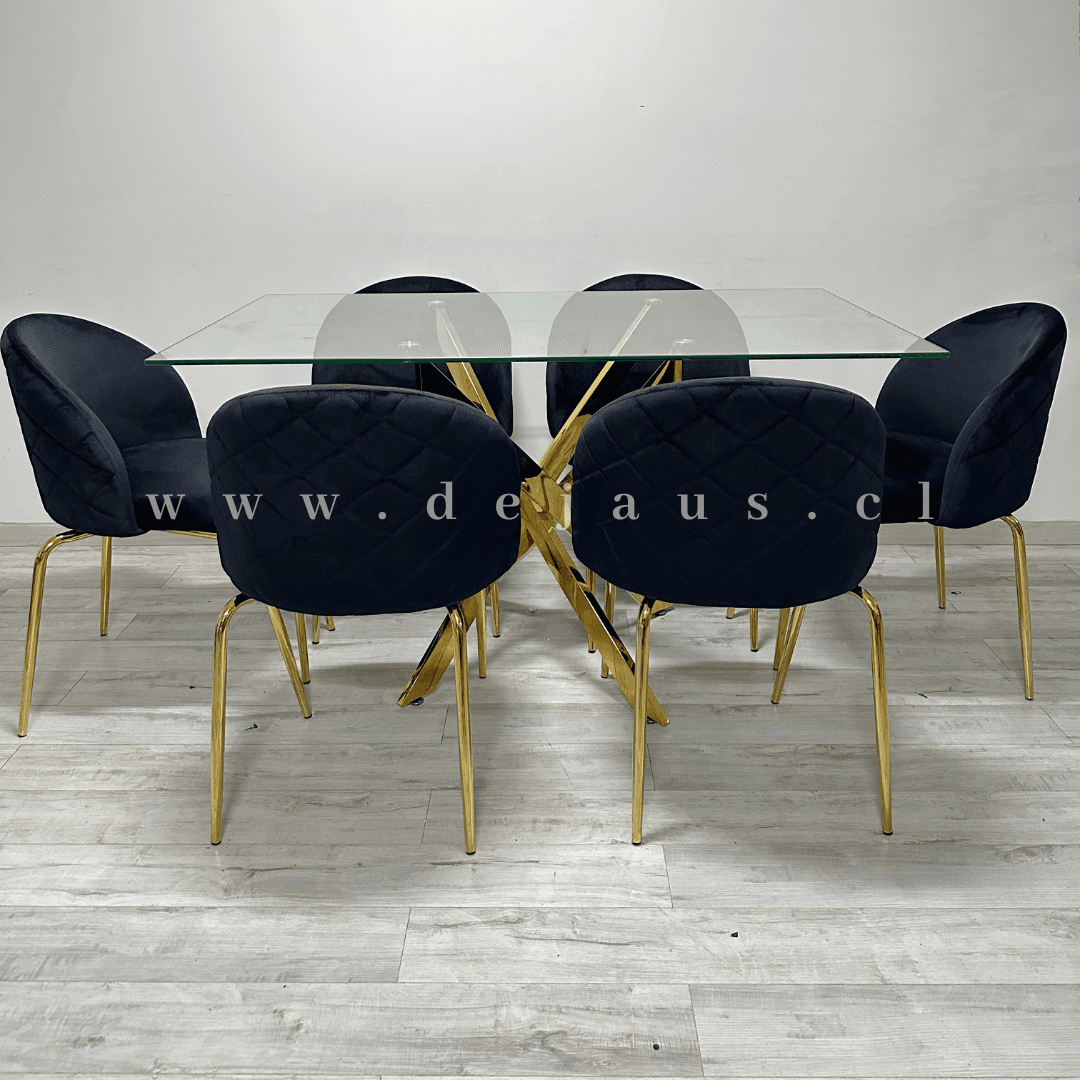 Mesa Dubai Rectangular Gold con 6 Sillas Tokio Felpa Gold