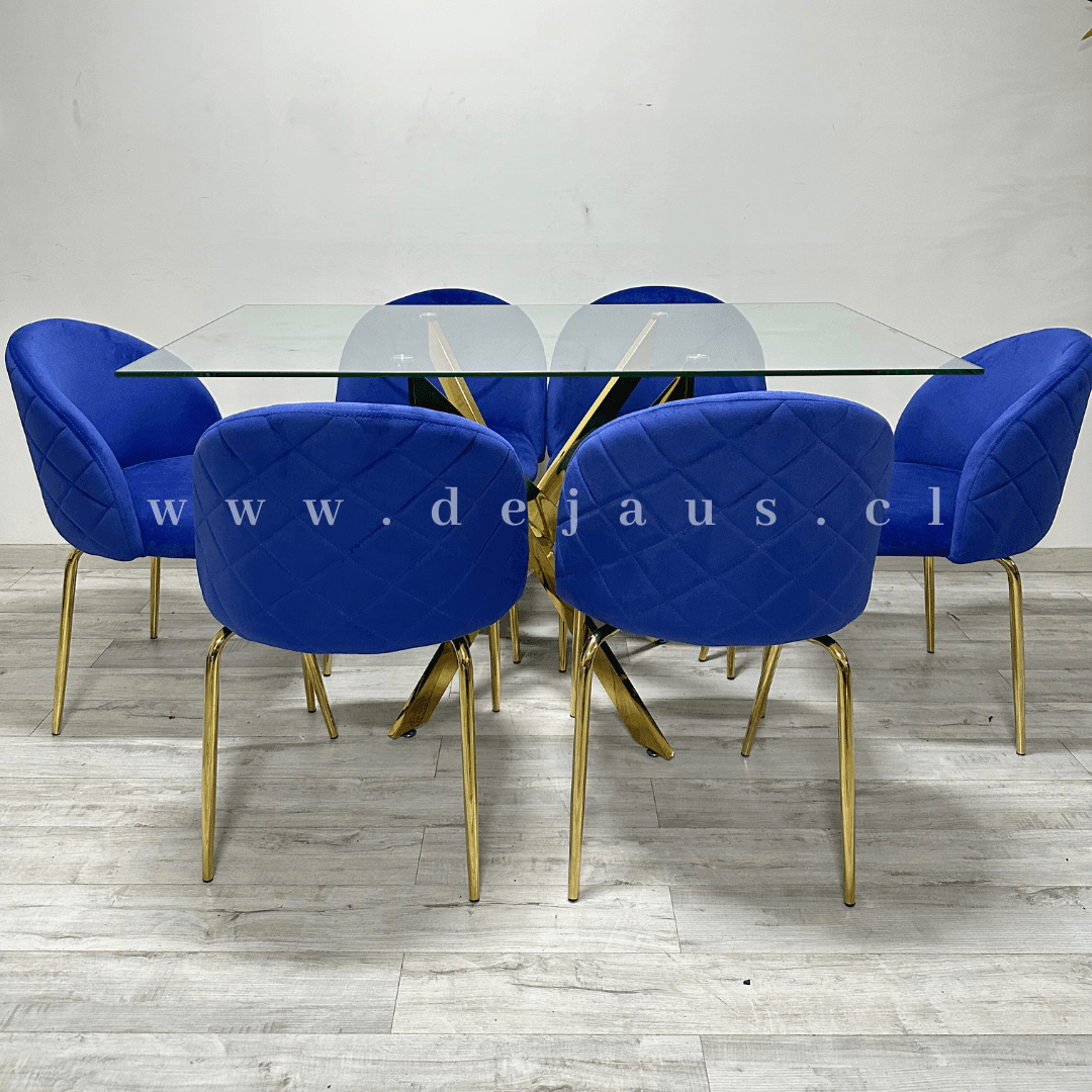 Mesa Dubai Rectangular Gold con 6 Sillas Tokio Felpa Gold