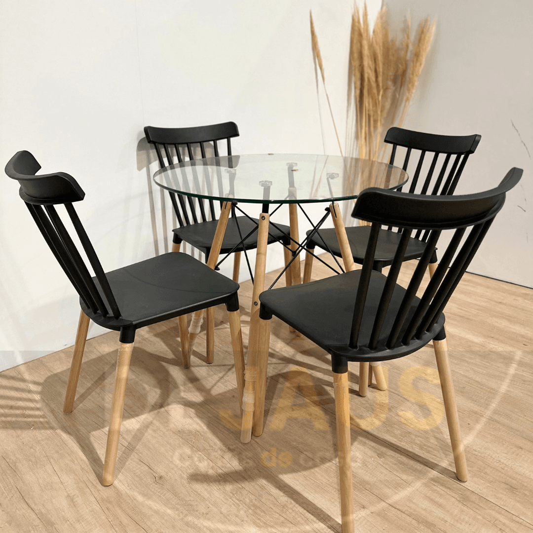 Mesa Eames Vidrio con 4 Sillas Windsor