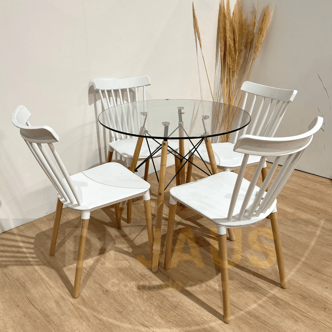 Mesa Eames Vidrio con 4 Sillas Windsor