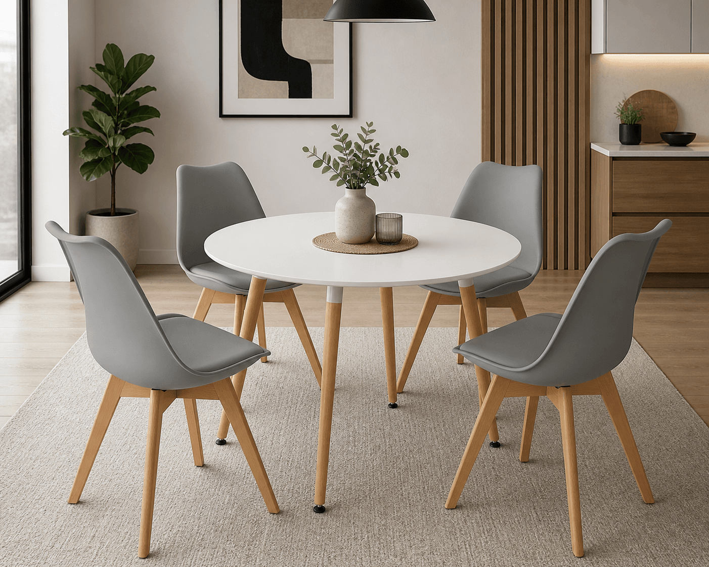 Mesa de comedor Eames Basic MDF Redonda Blanca con 4 sillas Tulip