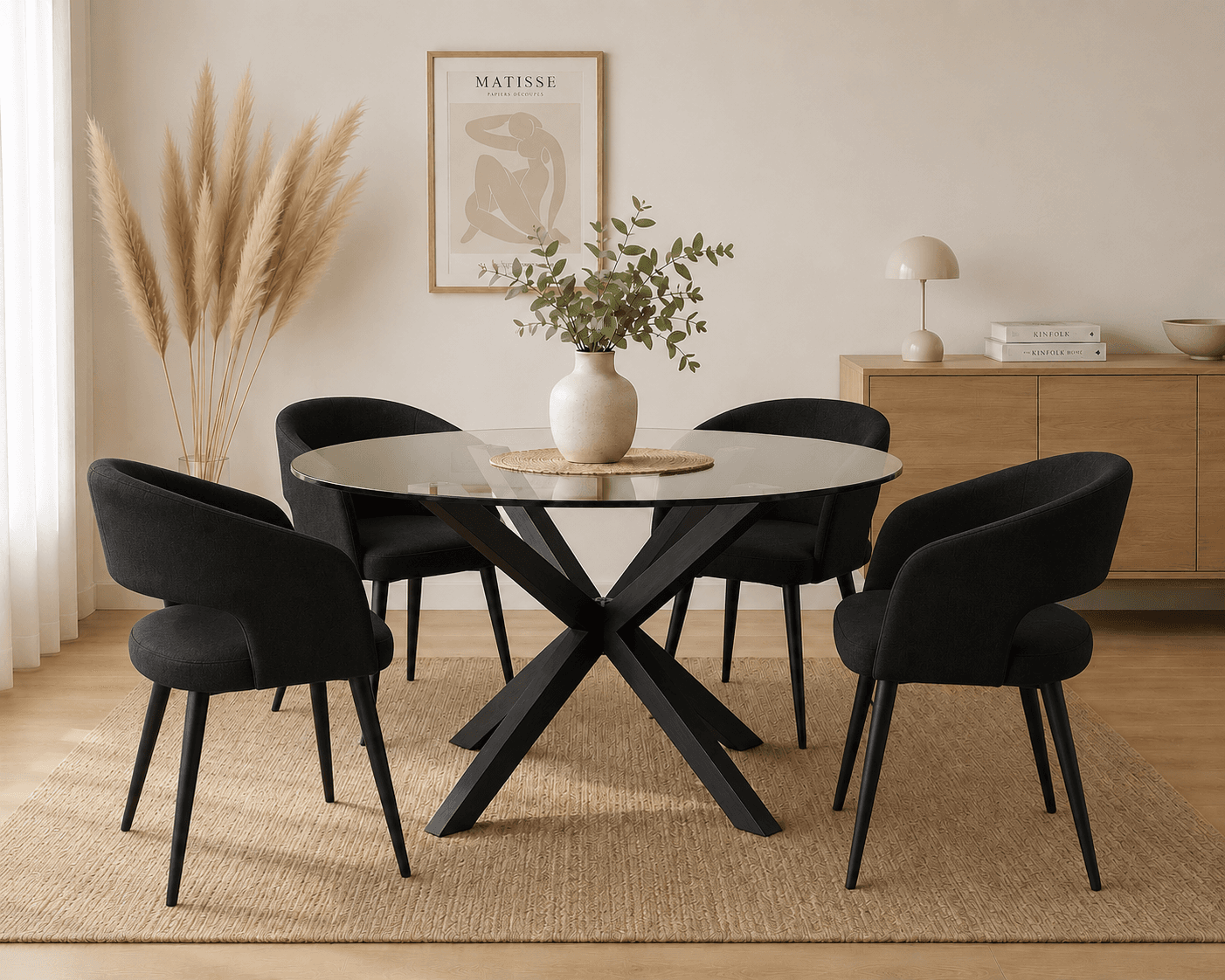 Mesa Warwick Redonda Vidrio Black con 4 Sitiales Diana Felpa Black