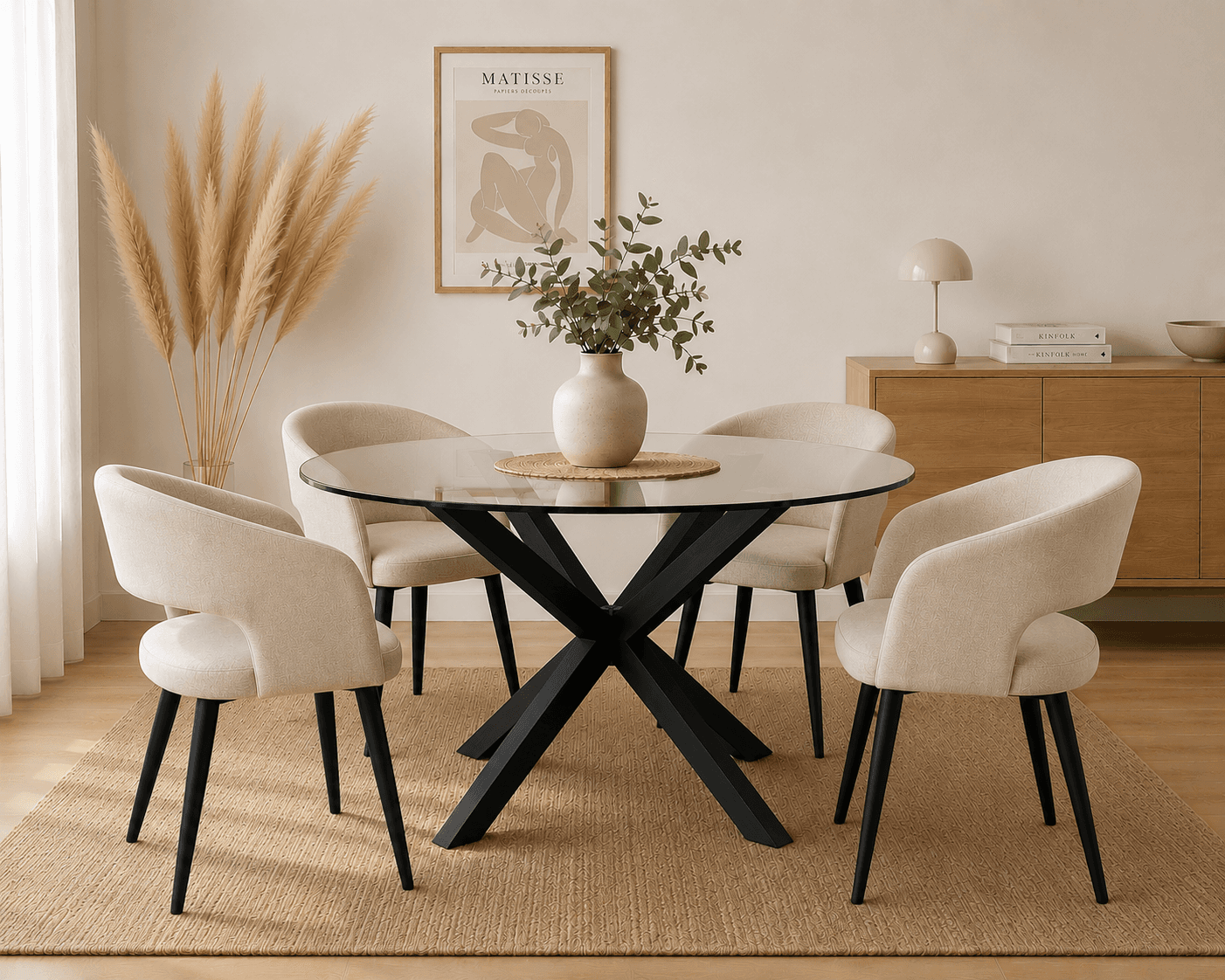 Mesa Warwick Redonda Vidrio Black con 4 Sitiales Diana Felpa Black