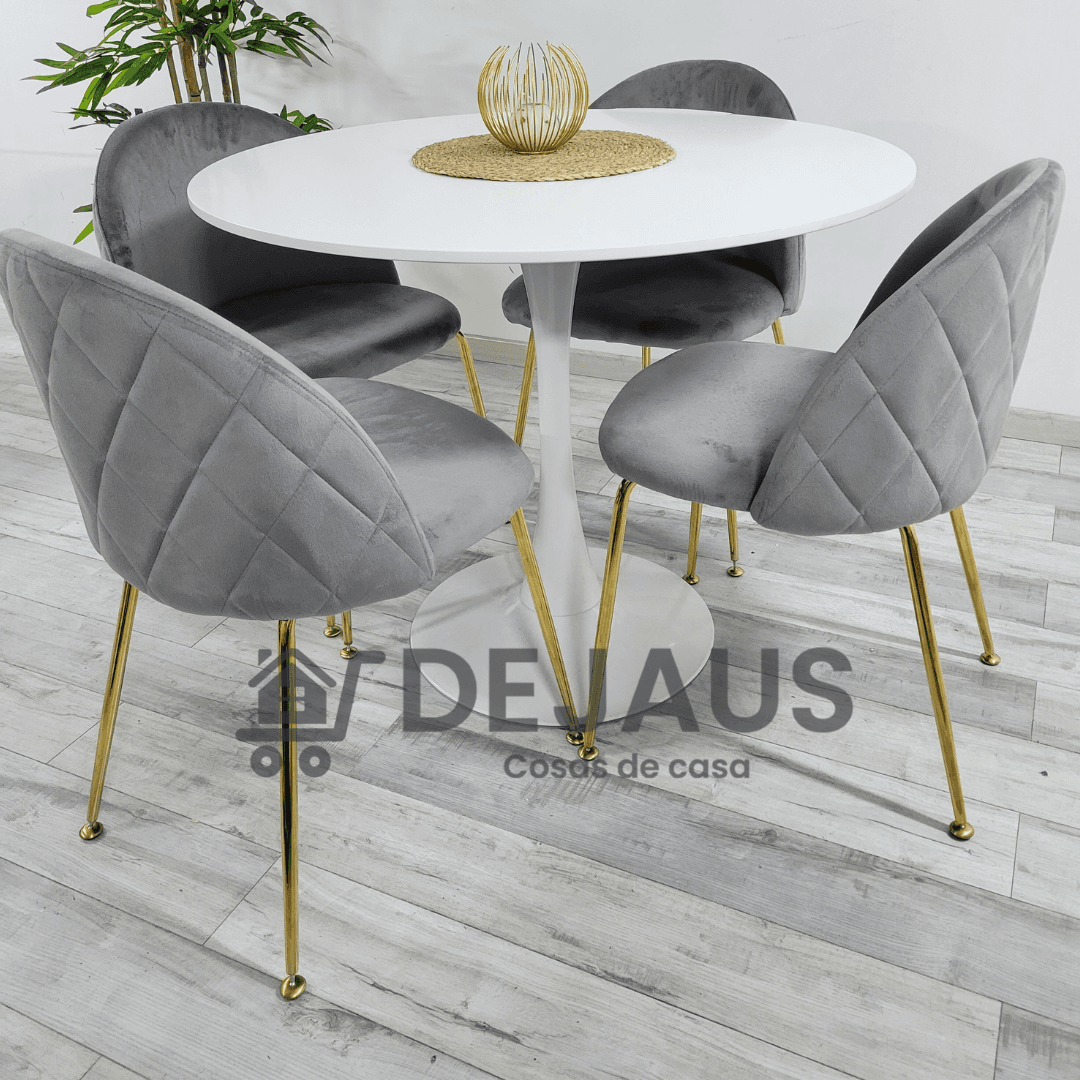 Mesa Tulip Blanco (100cm) con 4 Sillas Tokio Felpa Gold