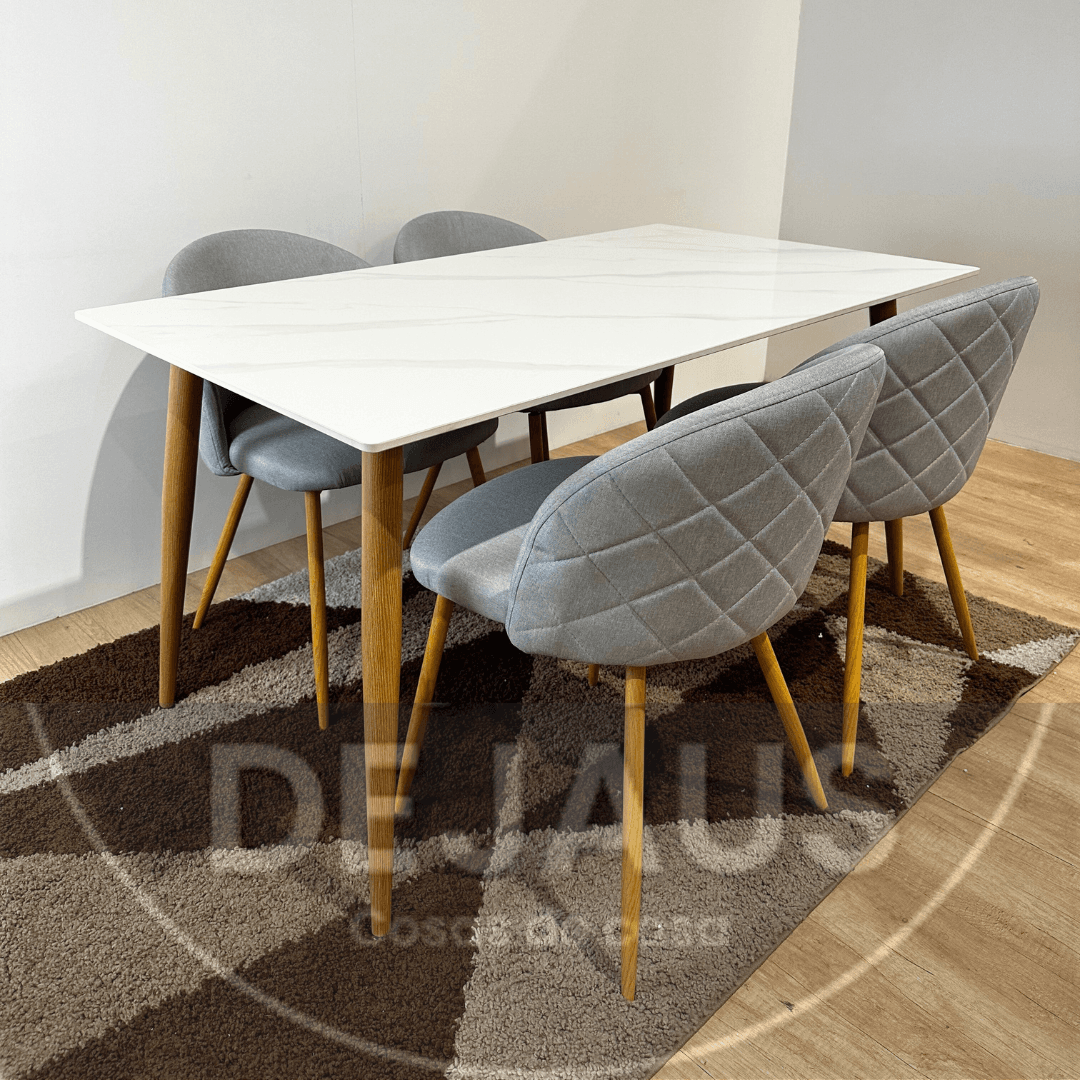 Mesa Rectangular Cuarzo Calacatta con 4 Sillas Tokio Lino