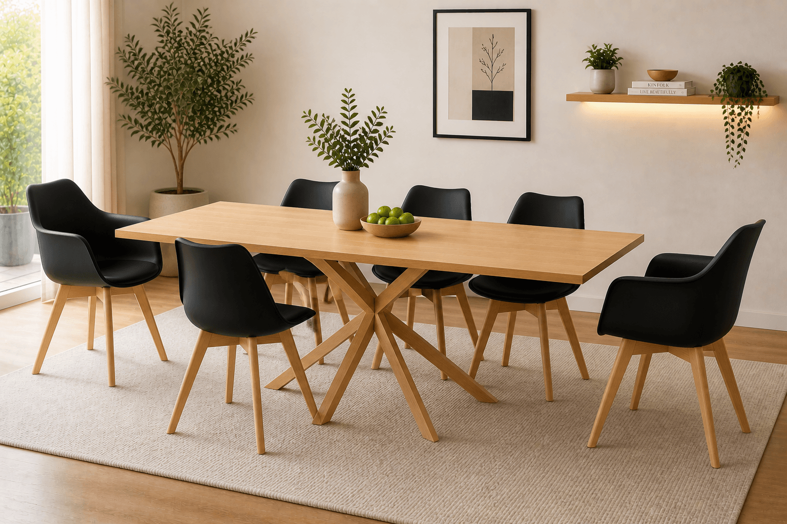 Mesa Warwick Wood con 4 Sillas Tulip y 2 Butacas Tulip Acolchadas