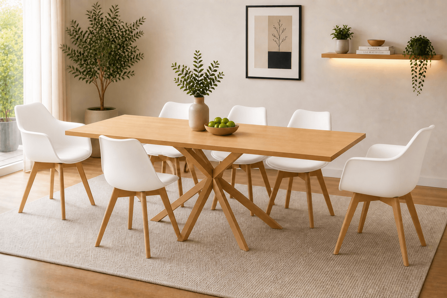 Mesa Warwick Wood con 4 Sillas Tulip y 2 Butacas Tulip Acolchadas