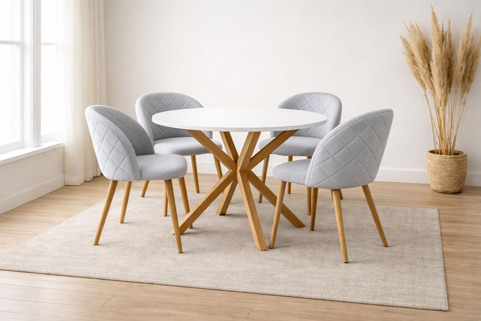 Mesa Warwick MDF blanca con 4 Sillas Tokio Lino Wood