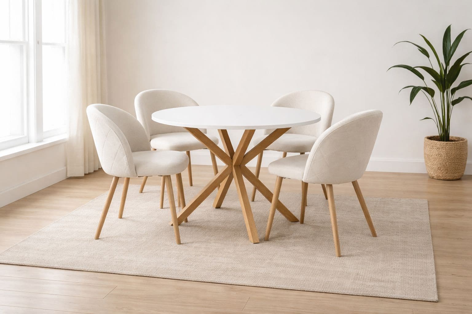 Mesa Warwick MDF blanca con 4 Sillas Tokio Lino Wood