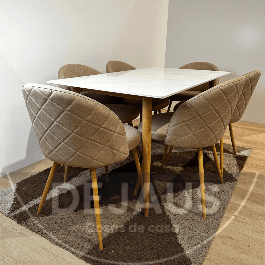 Mesa Rectangular Cuarzo Calacatta con 6 Sillas Tokio Lino