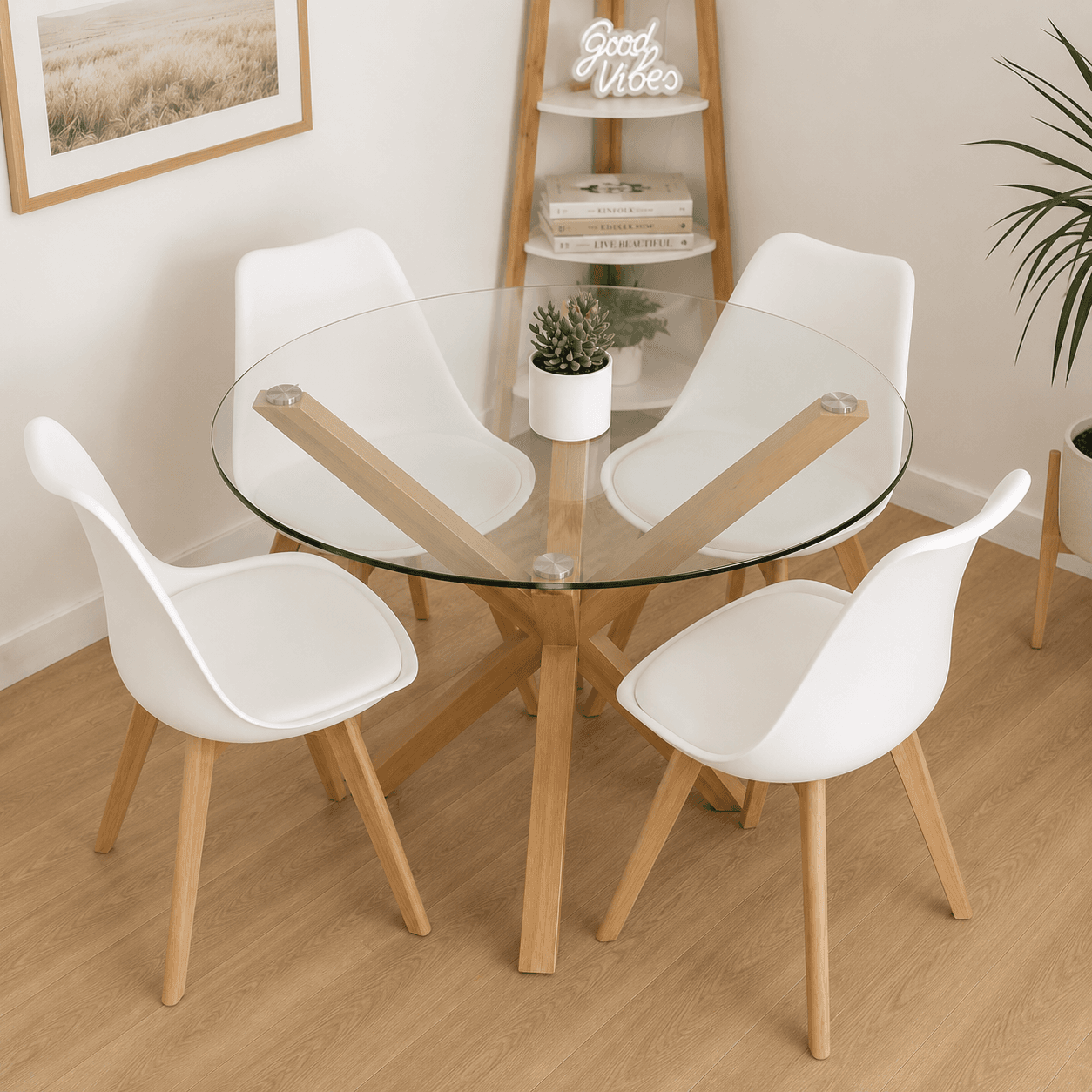 Mesa Redonda Warwick Vidrio con 4 Sillas Tulip