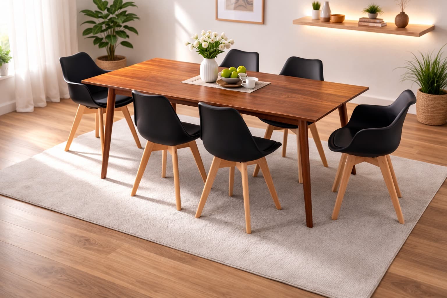 Comedor 6 Personas Mesa Vema Rectangular Walnut con 4 Sillas Tulip y 2 Butacas Tulip