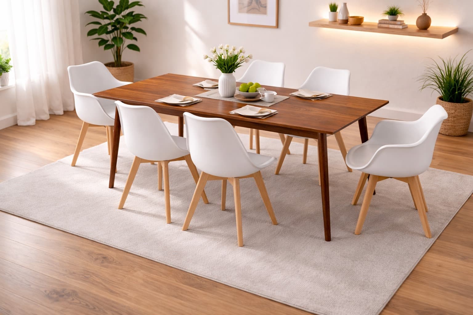 Comedor 6 Personas Mesa Vema Rectangular Walnut con 4 Sillas Tulip y 2 Butacas Tulip