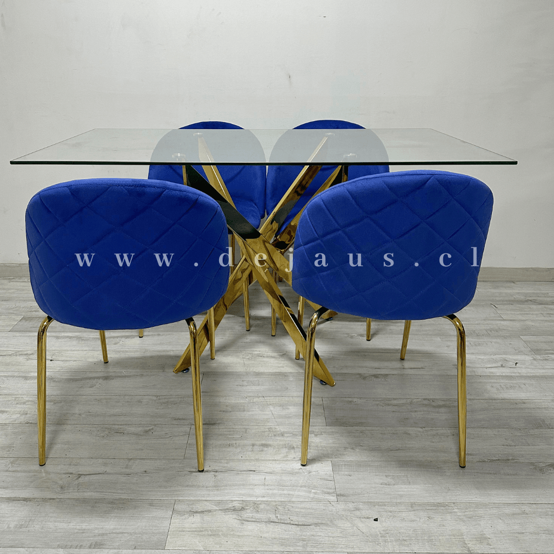Mesa Dubai Rectangular Gold con 4 Sillas Tokio Felpa Gold