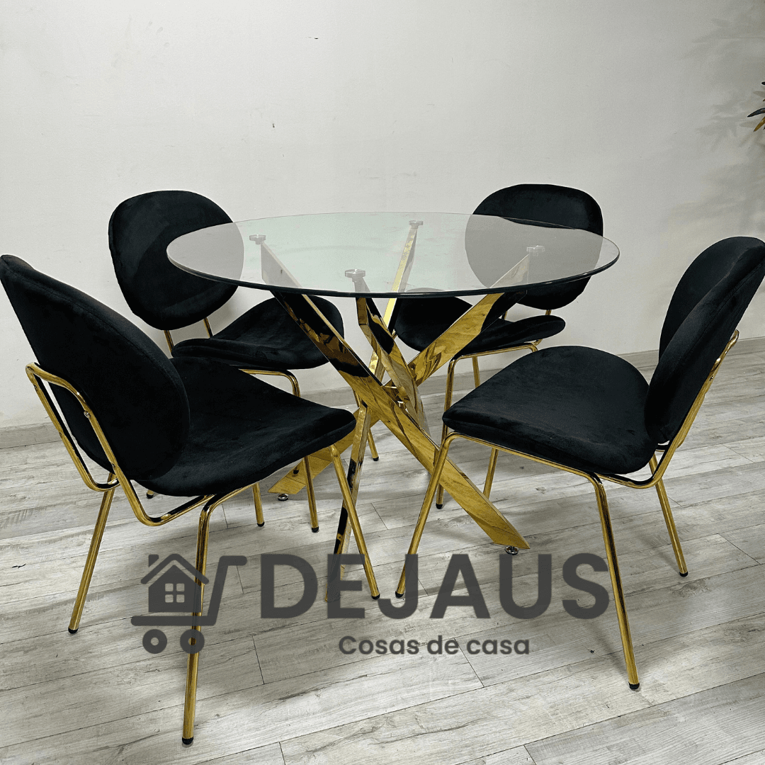 Mesa Dubai Gold (100cm) con 4 Sillas Leidy Felpa Gold