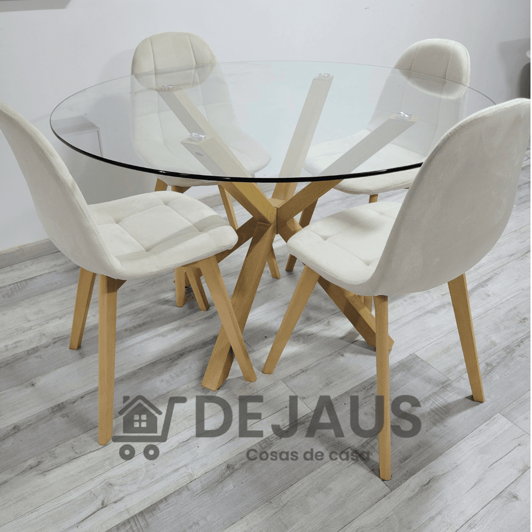 Mesa Warwick 100cm con 4 Silla Capitoné Felpa
