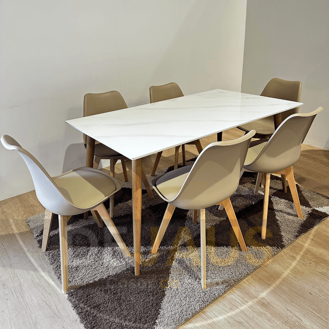 Mesa Rectangular Cuarzo Calacatta con 6 Sillas Tulip