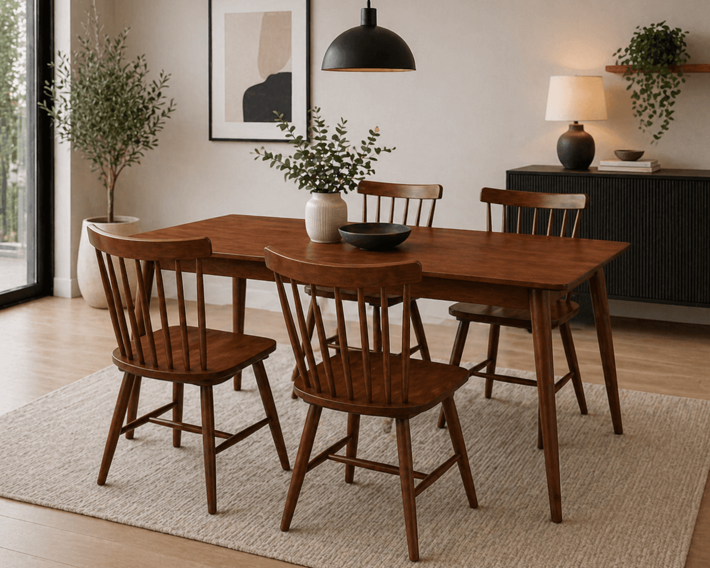 Mesa de comedor vema rectangular con 4 sillas windsor madera
