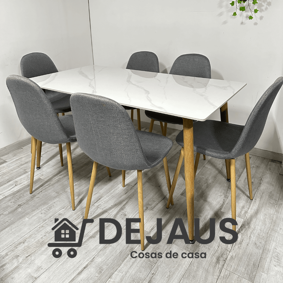 Mesa Rectangular Cuarzo Calacatta con 6 Sillas Spoon Lino