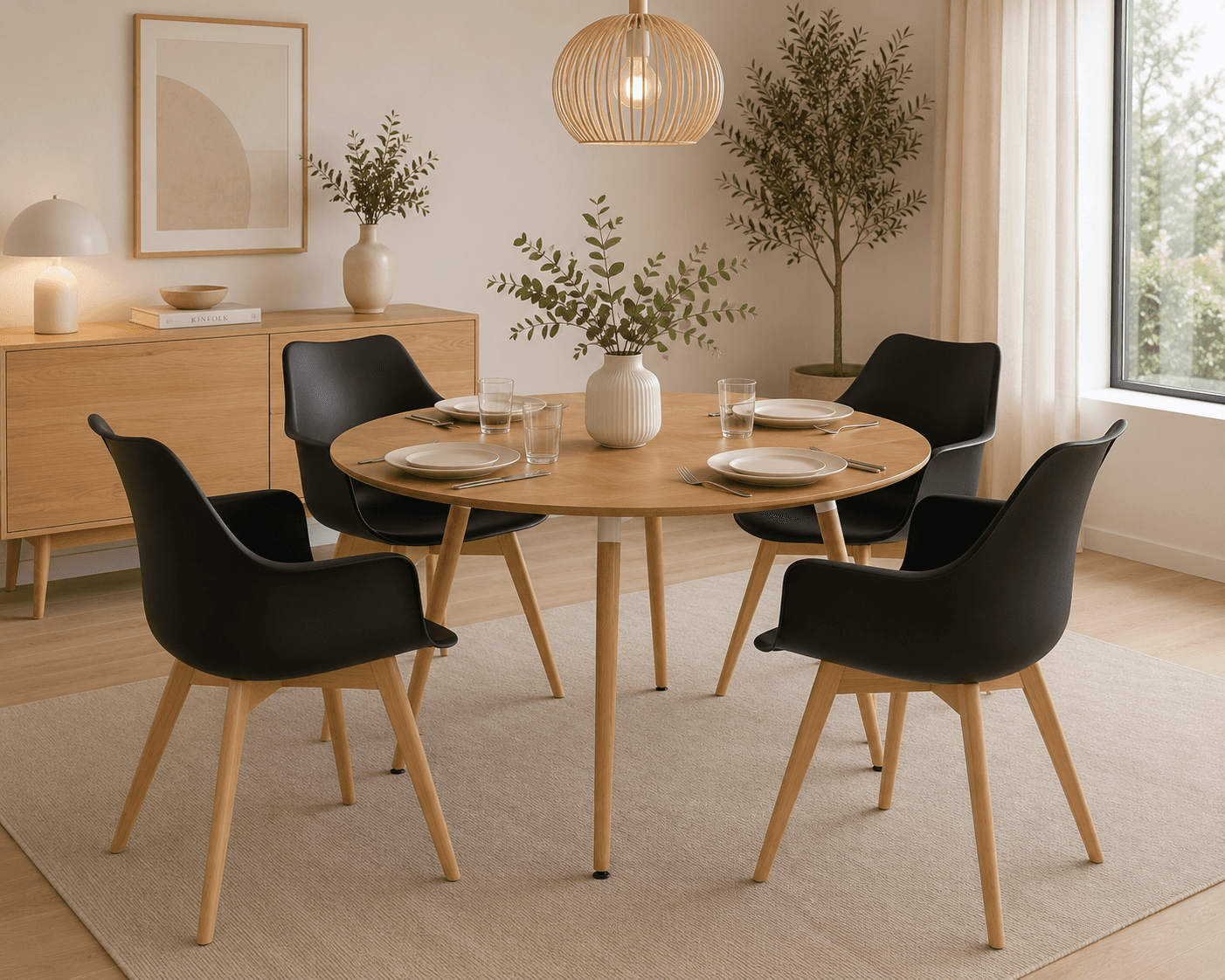 Comedor 4 Personas Mesa Eames Basic Wood con Butacas Tulip Acolchada