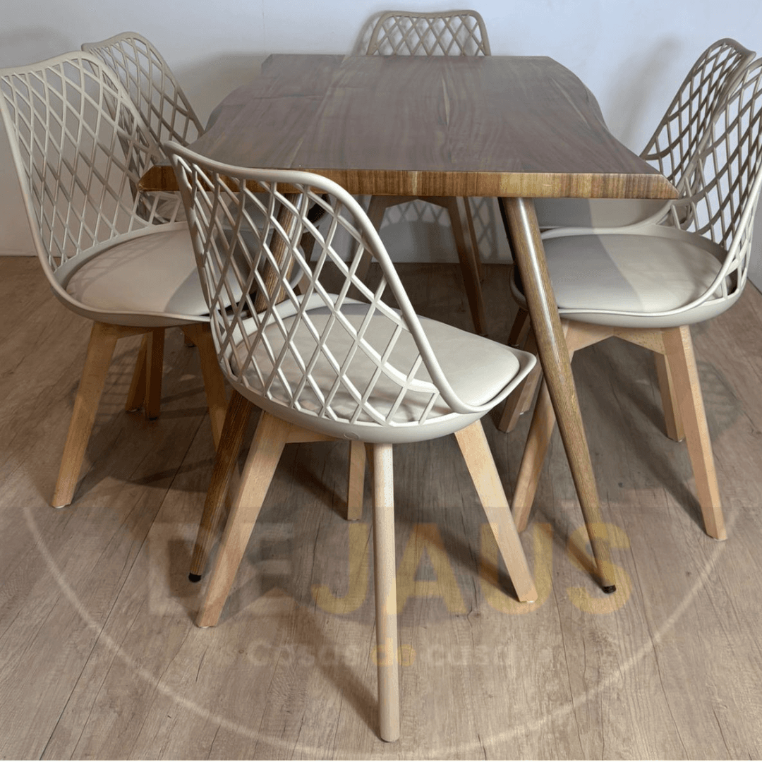 Mesa Rectangular Nordica Madera con 6 Sillas Tulip Mesh