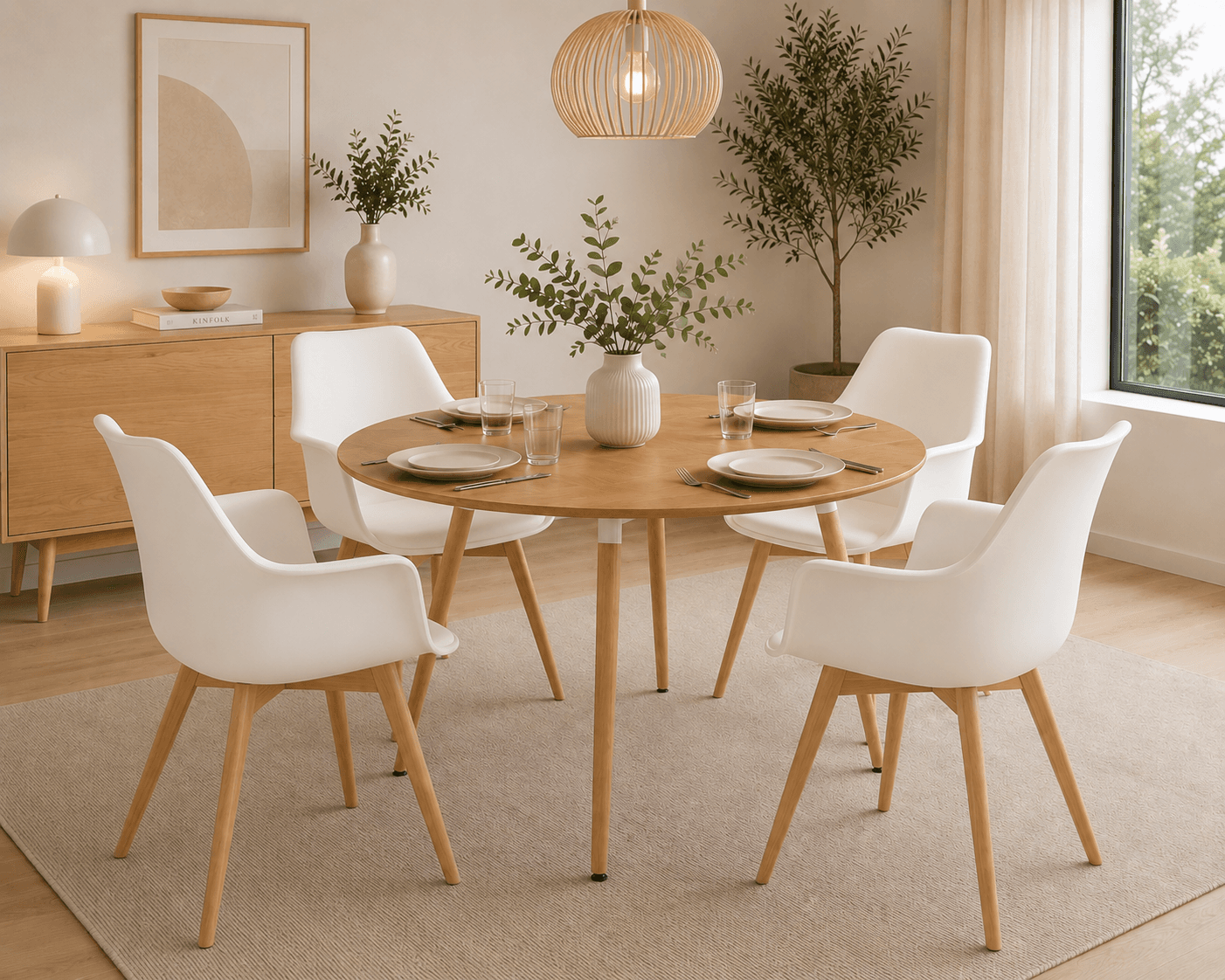 Comedor Mesa Basic Wood con 4 Butacas Tulip Polipropileno