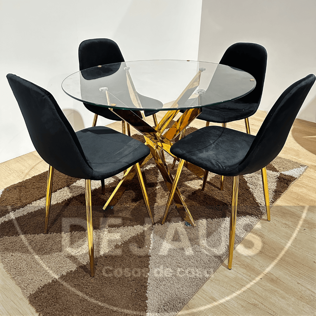 Comedor 4 Personas Mesa Dubai Gold con Sillas Milano Felpa Gold