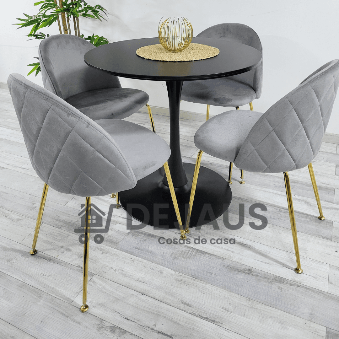 Mesa Tulip Negro (100cm) con 4 Silla Tokio Felpa Gold