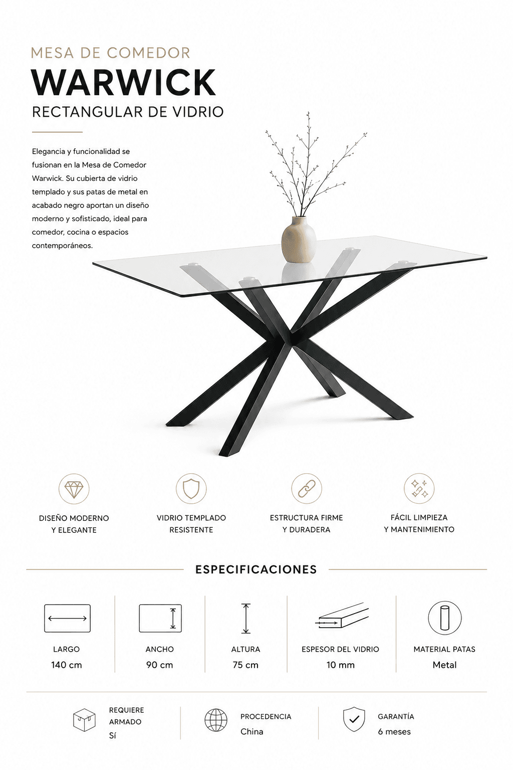 Mesa Warwick Rectangular Vidrio Black