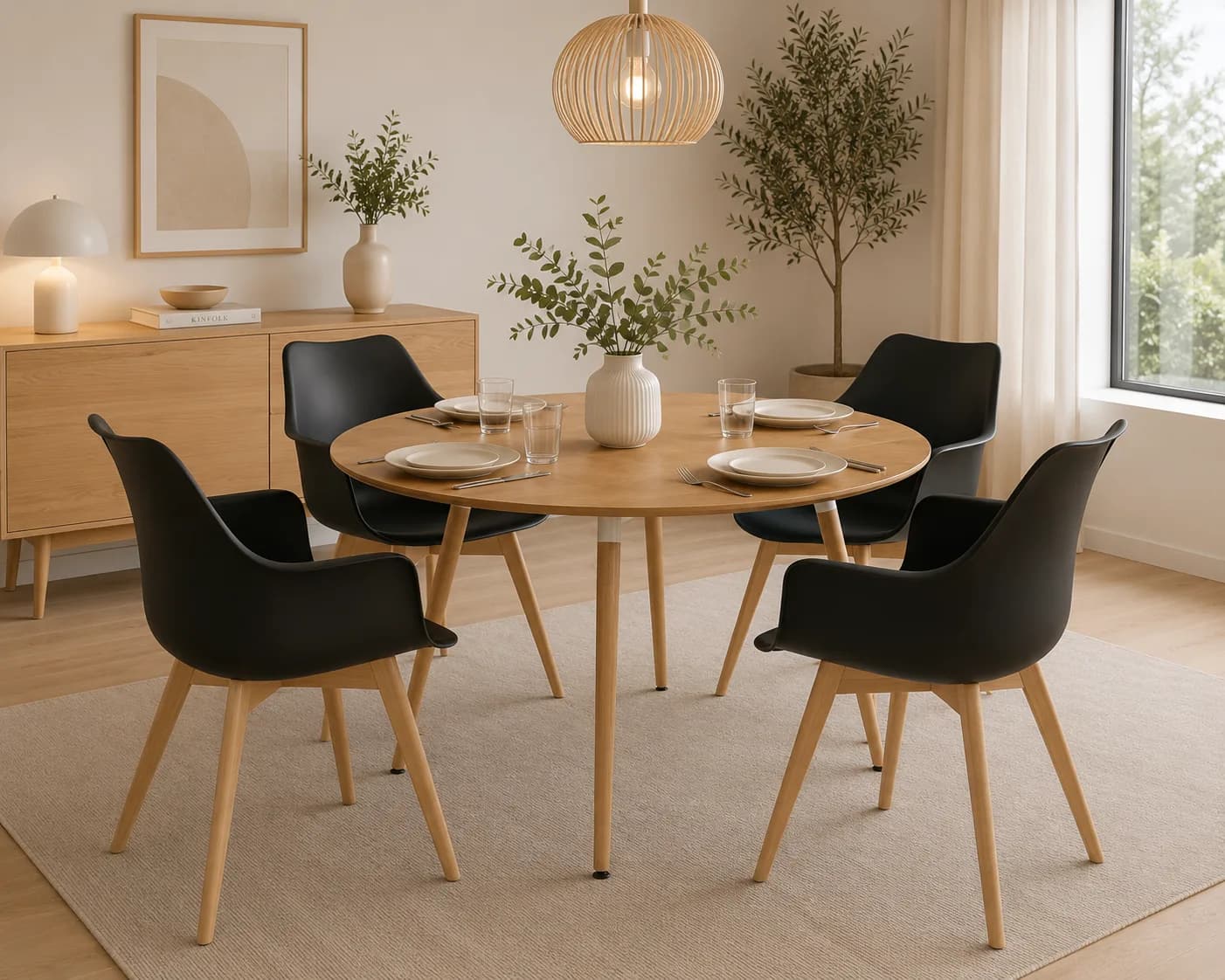 Comedor 4 Personas Mesa Eames Basic Wood con Butacas Tulip Acolchada