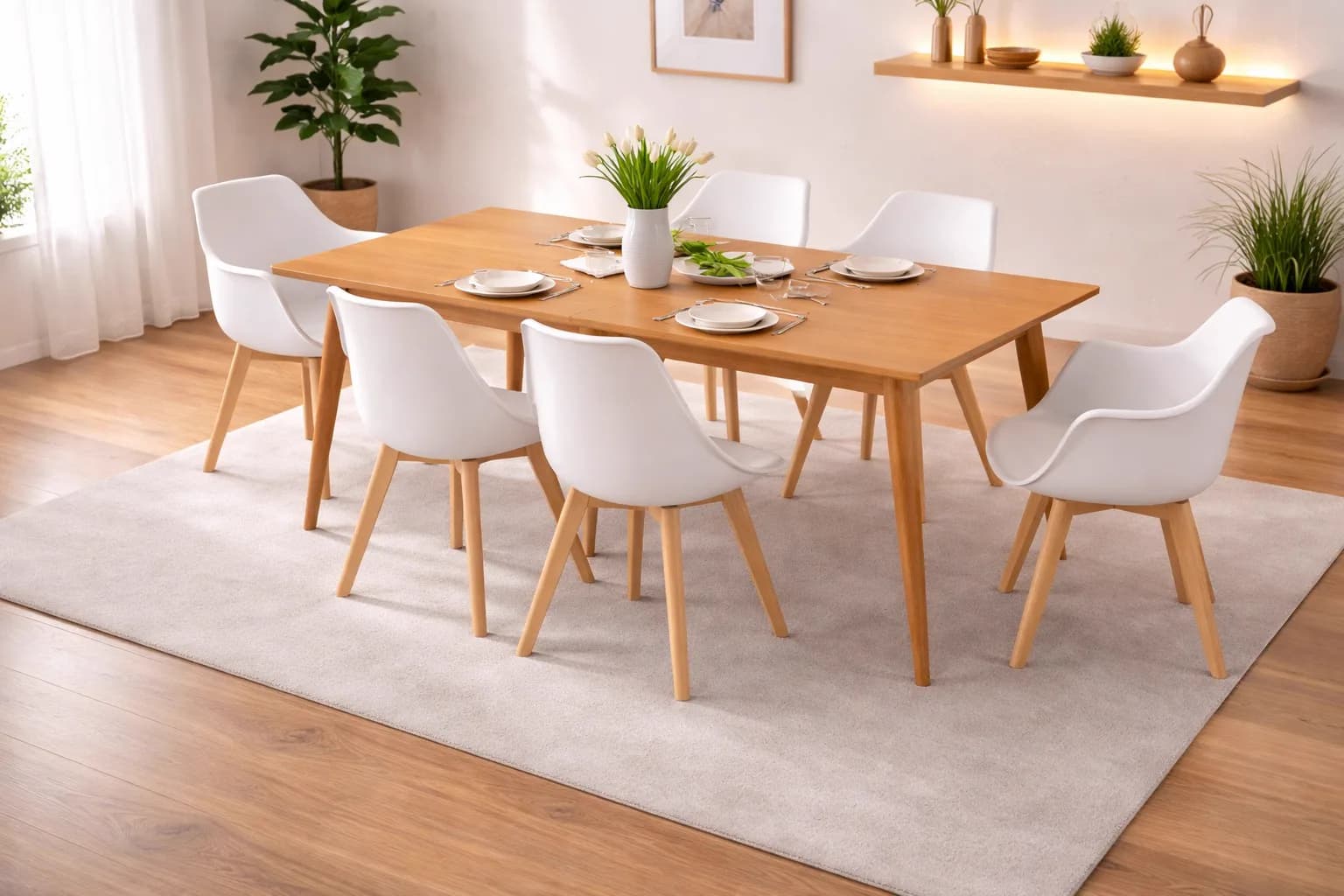 Comedor 6 Personas Mesa Vema Rectangular con 4 Sillas Tulip y 2 Butacas Tulip