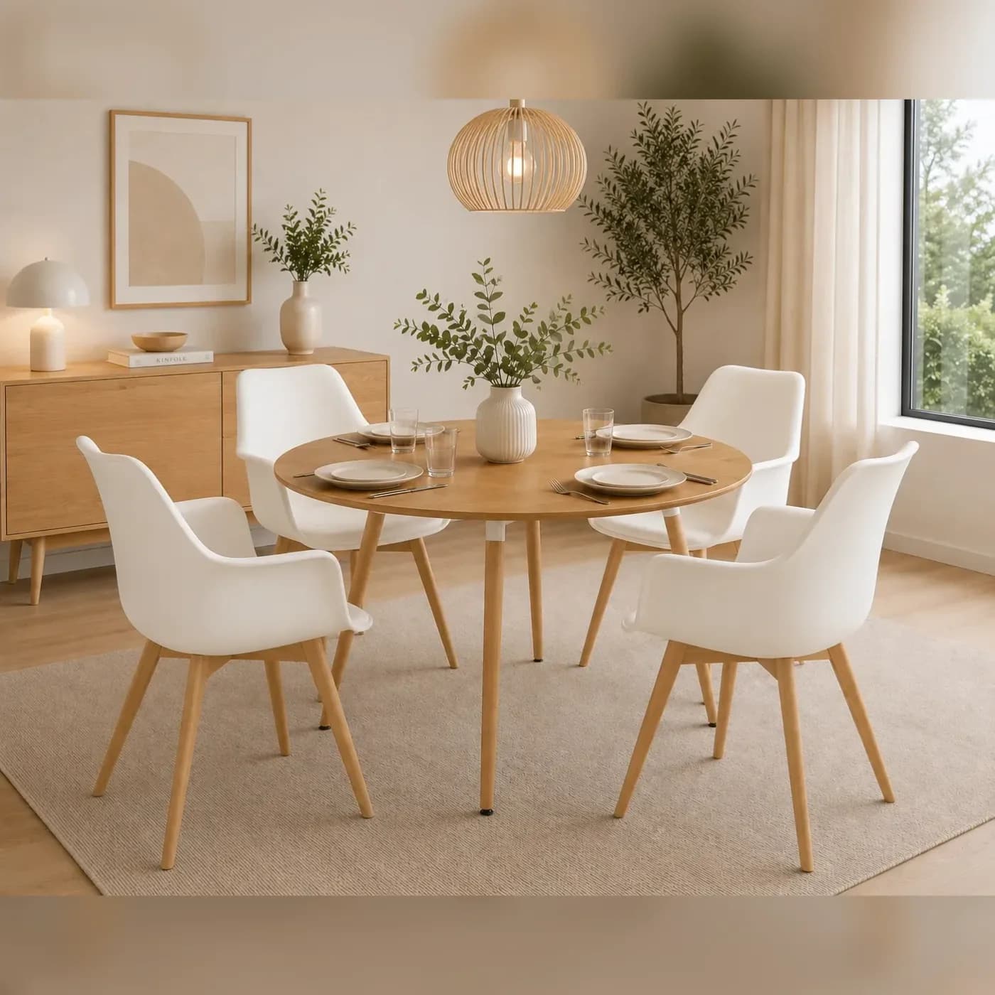 Comedor Mesa Basic Wood con 4 Butacas Tulip Polipropileno