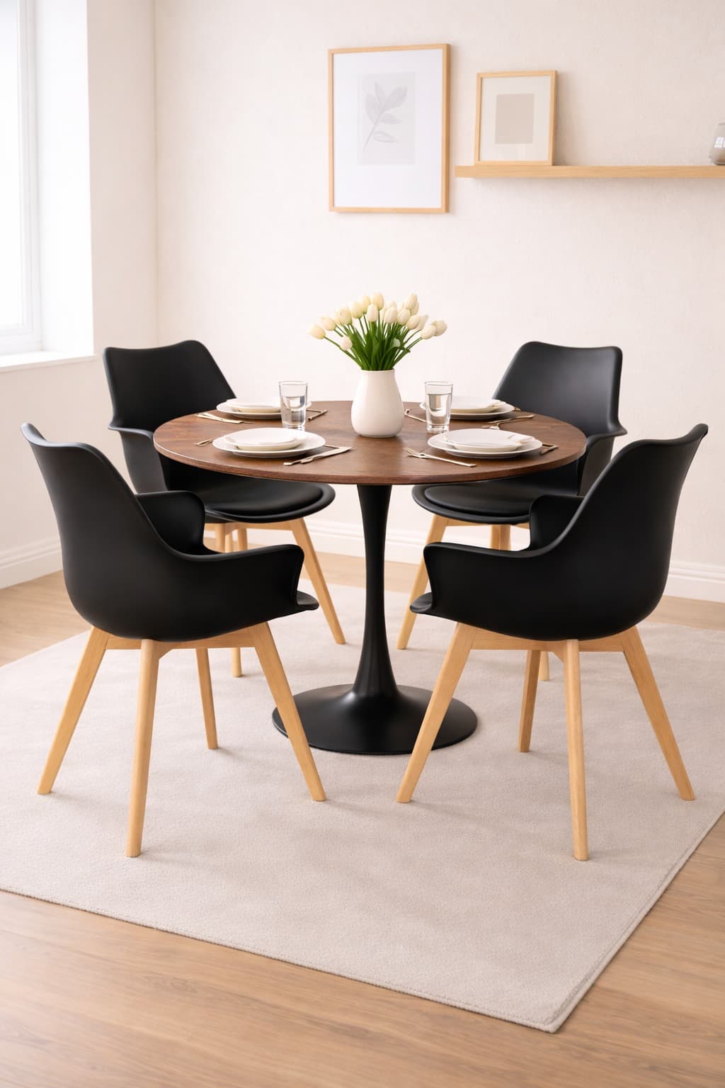 Comedor 4 Personas Mesa Tulip Madera Negro con Butaca Tulip Acolchada