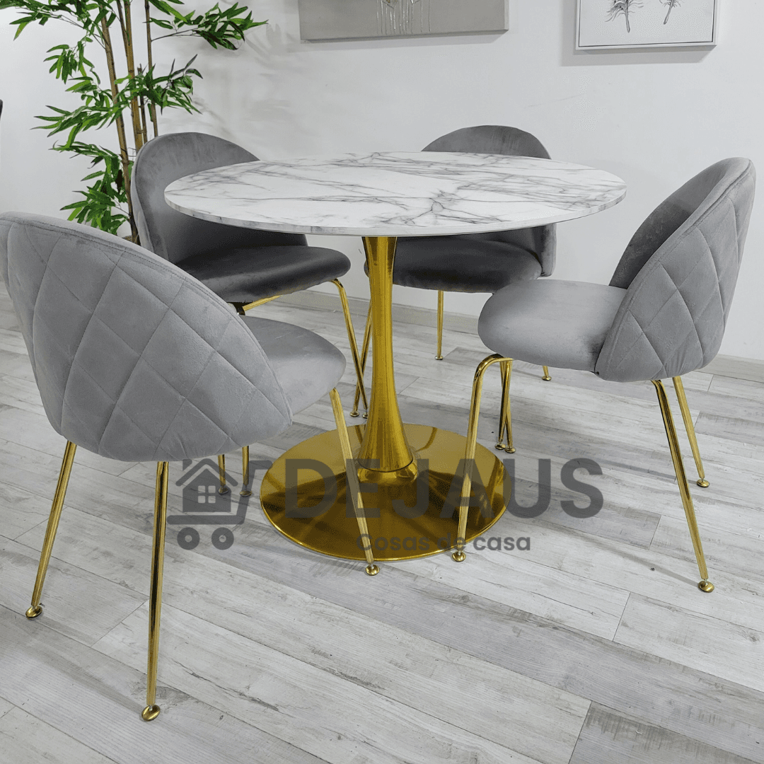 Mesa Tulip Gold con 4 Sillas Tokio Felpa