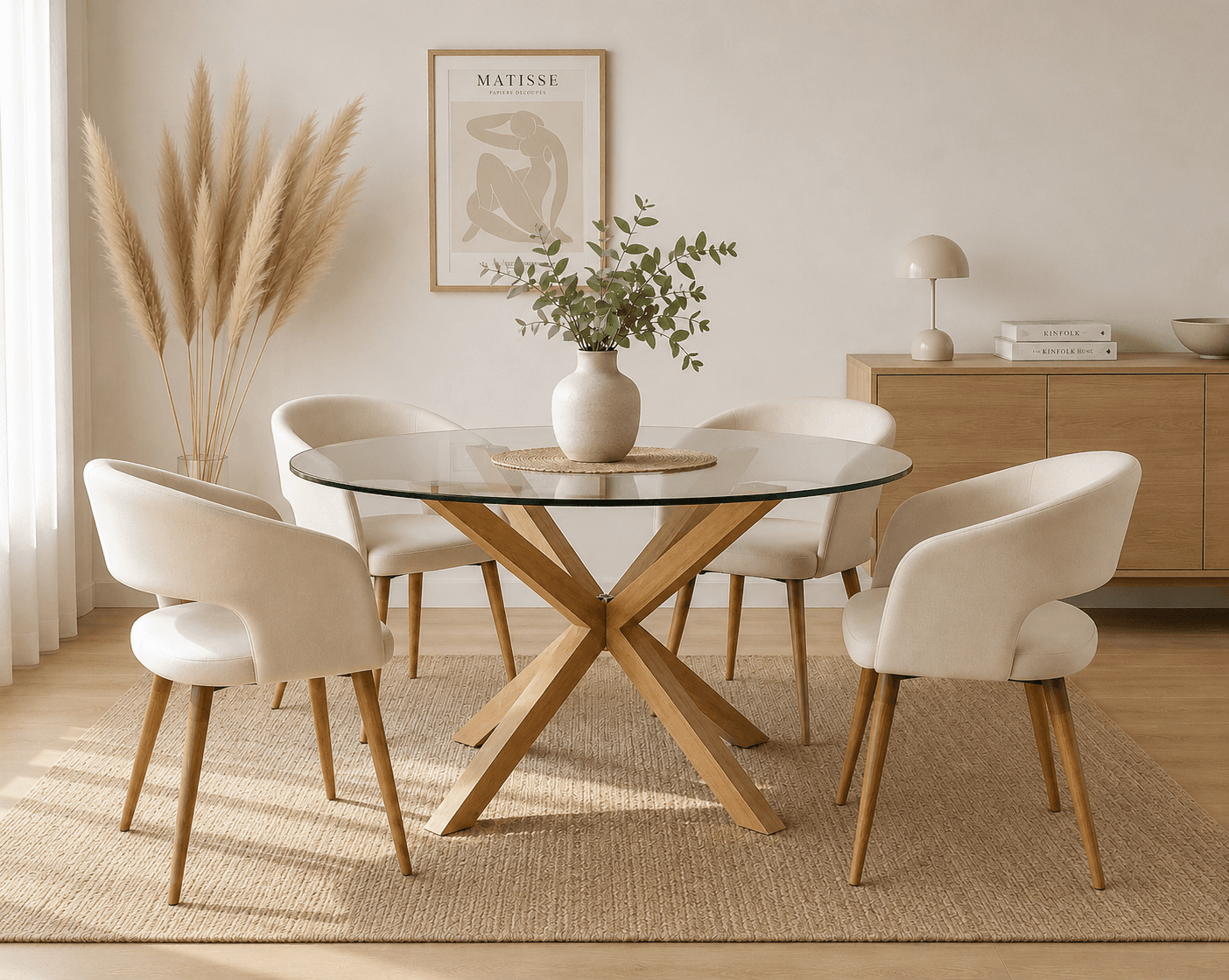 Mesa Warwick Redonda Vidrio Wood con 4 Sitiales Diana Felpa Wood