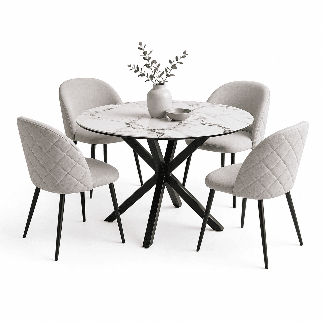 Mesa de Comedor Warwick Redonda Stone mas 4 Sillas Tokio Lino Black