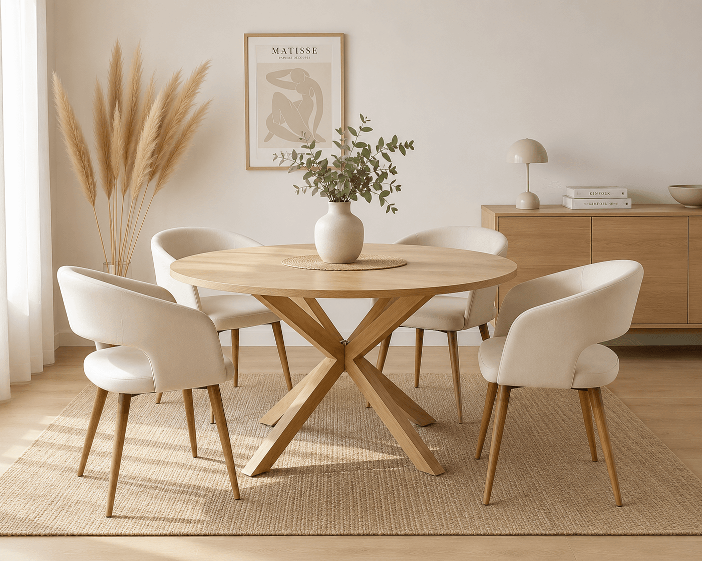Mesa Redonda Warwick Wood con 4 Sitiales Diana Felpa Wood