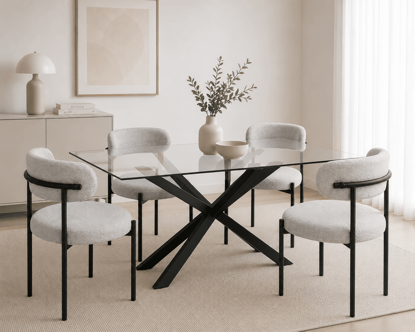 Mesa Rectangular Warwick Vidrio Black con 4 Sillas Oslo Lino Black