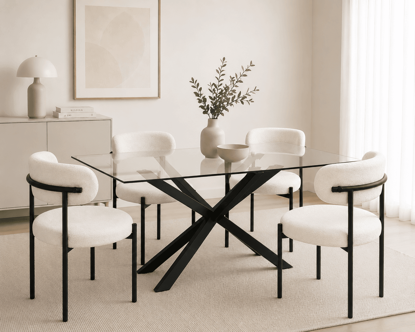 Mesa Rectangular Warwick Vidrio Black con 4 Sillas Oslo Lino Black