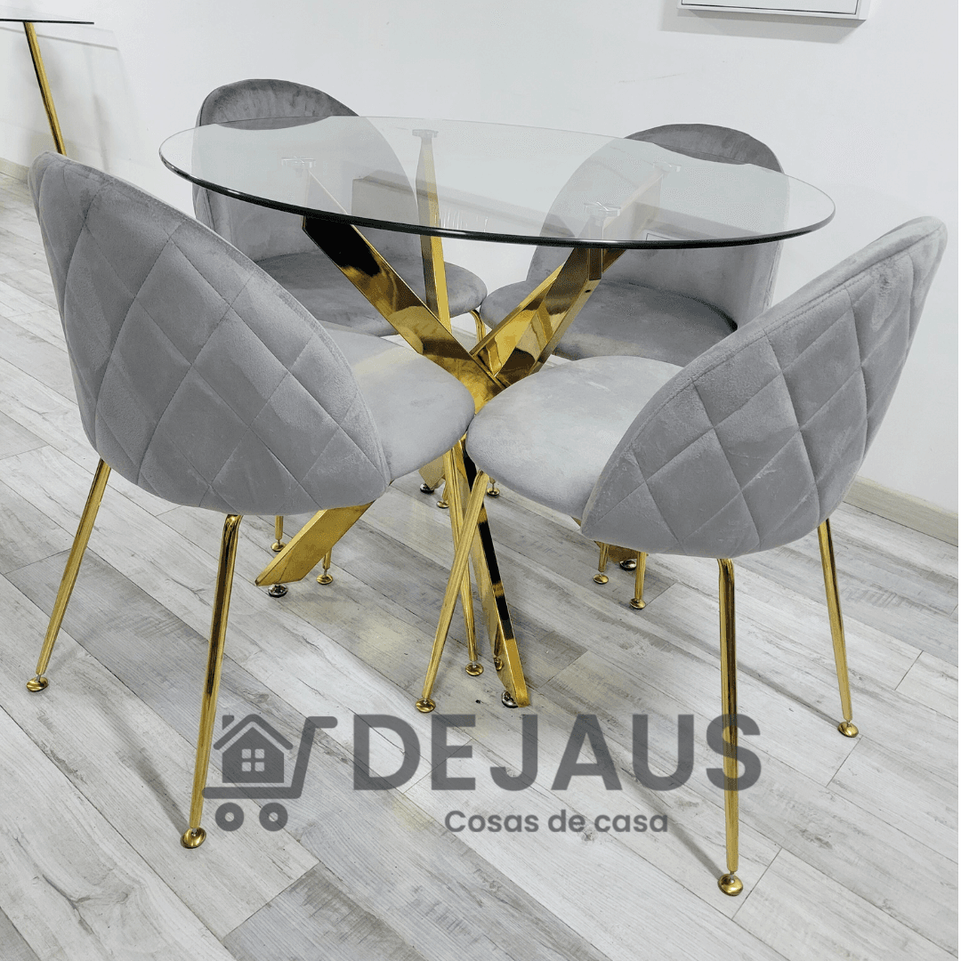 Mesa Dubai Gold (100cm) con 4 Sillas Tokio Felpa Gold