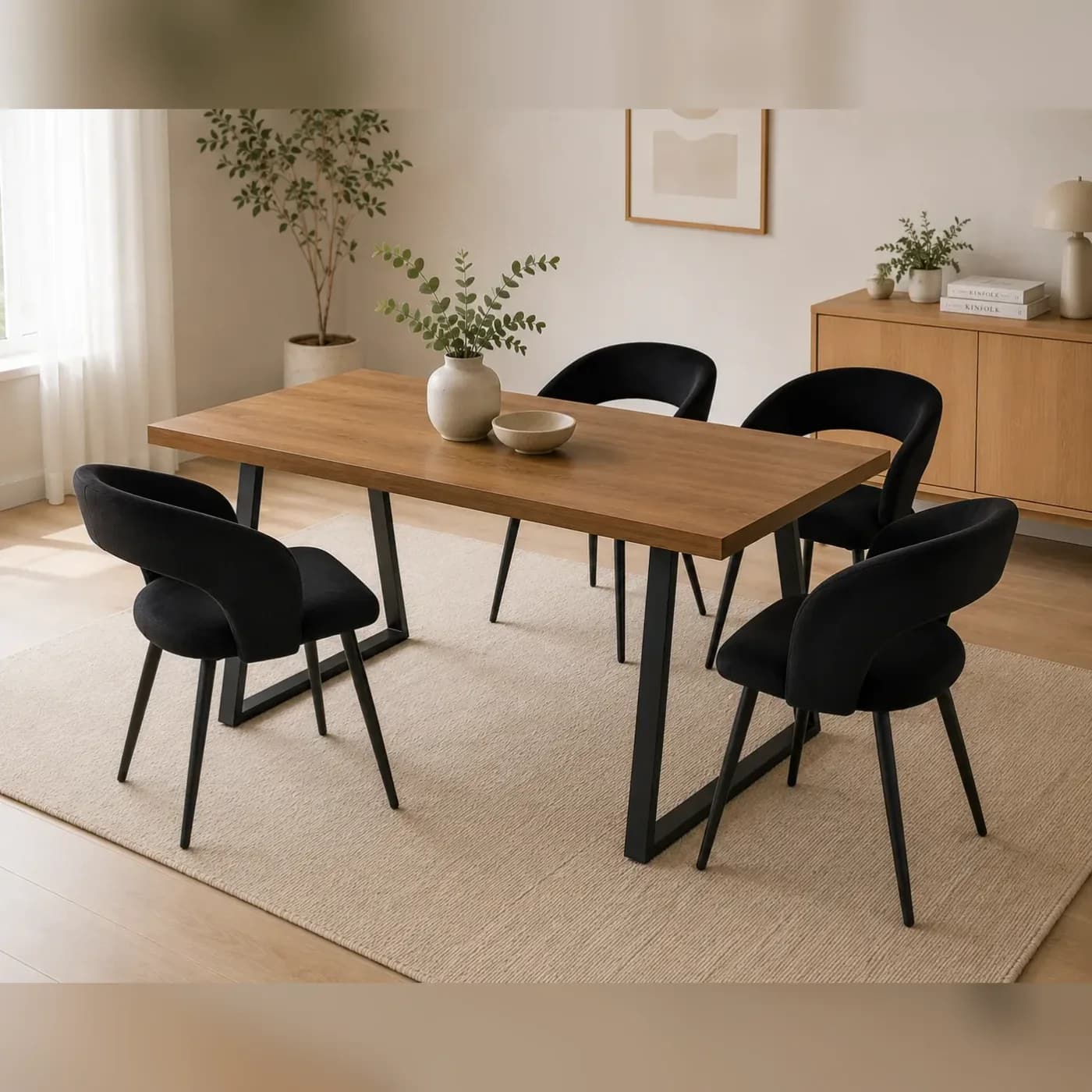 Comedor Mesa Escandinavia Wood con 4 Sitiales Diana Felpa Black