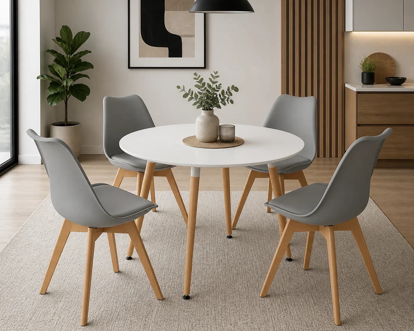 Mesa de comedor Eames Basic MDF Redonda Blanca con 4 sillas Tulip