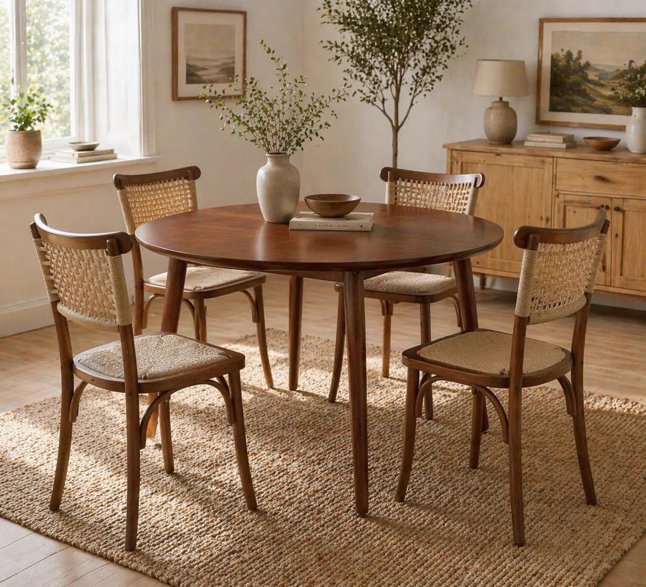 Mesa De Comedor Vema Redonda con 4 Sillas Crossback Madera Yute