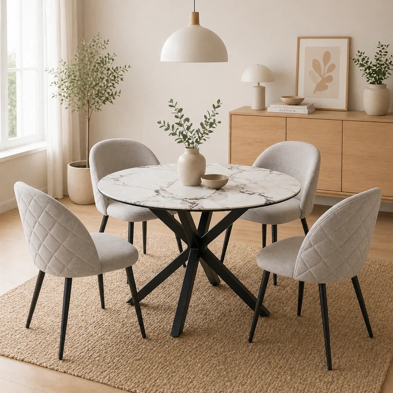 Mesa de Comedor Warwick Redonda Stone mas 4 Sillas Tokio Lino Black