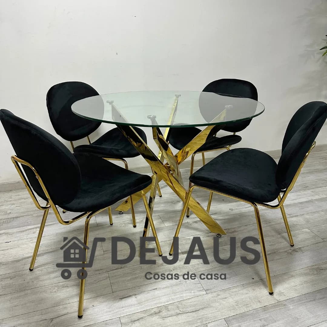 Mesa Dubai Gold (100cm) con 4 Sillas Leidy Felpa Gold