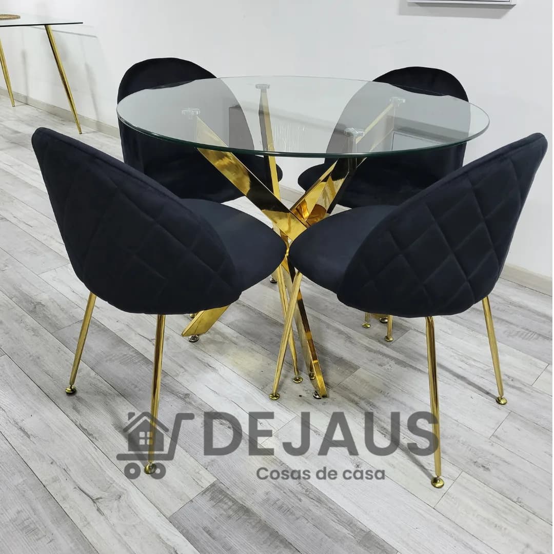 Mesa Dubai Gold (120cm) con 4 Sillas Tokio Felpa Gold