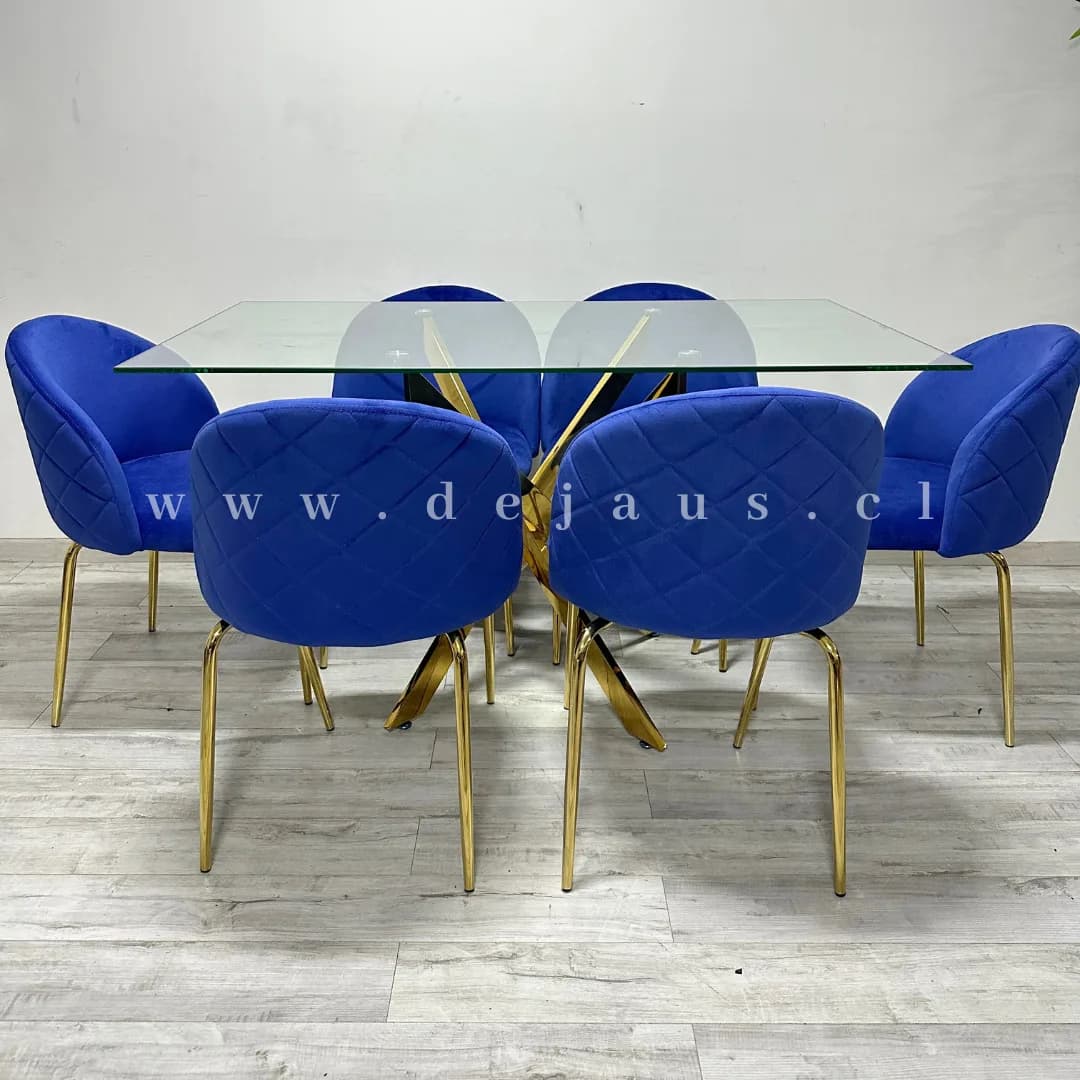 Mesa Dubai Rectangular Gold con 6 Sillas Tokio Felpa Gold