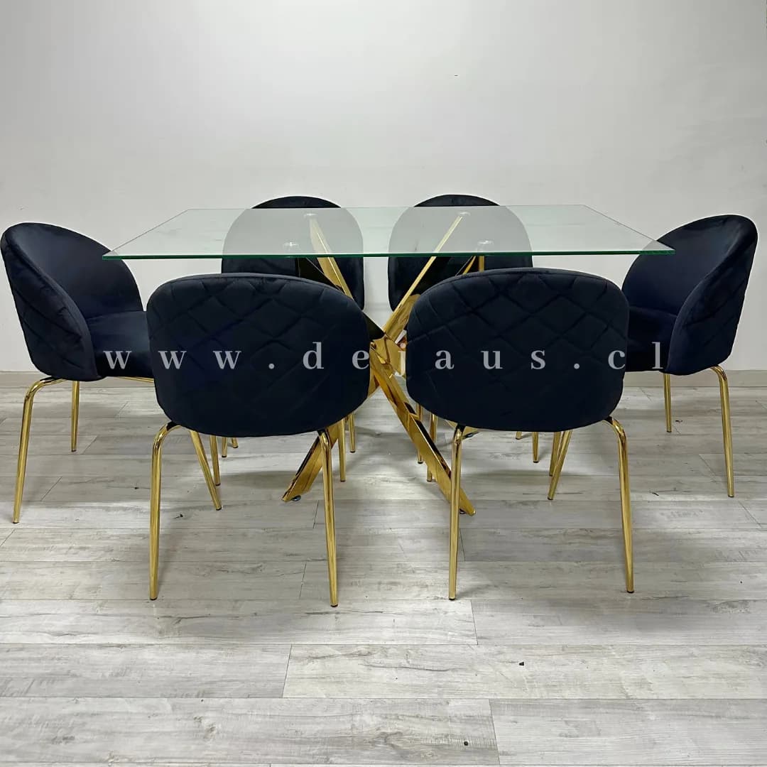 Mesa Dubai Rectangular Gold con 6 Sillas Tokio Felpa Gold